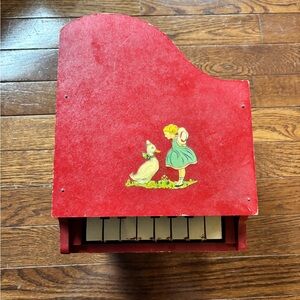 Schoenhut Vintage 1950s Mini Red Wooden Toy Piano with Bunny and Girl Decal
